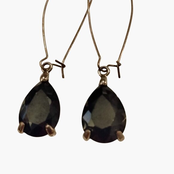 Silver Black Teardrop Crystal Dangle Earrings Large Hoop Gothic - Picture 2 of 5